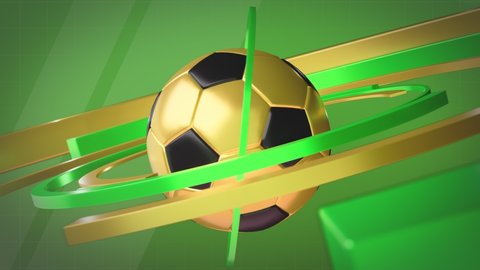 Golden soccer ball rotates on a green background. Screensaver for sports news. Loop animation.