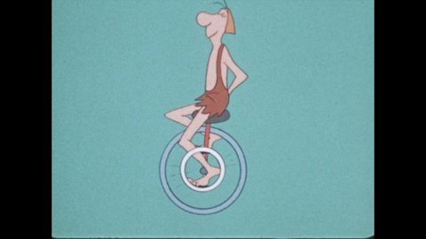 1980s: Drawing of axle with different sized wheels attached. Caveman rides unicycle.