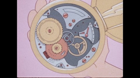1980s: Two interlocking gears rotate. Large gear and small gear rotate. Gears inside clock. Caveman holds clock, gears break and spring out. Diagram of wheels and axle.