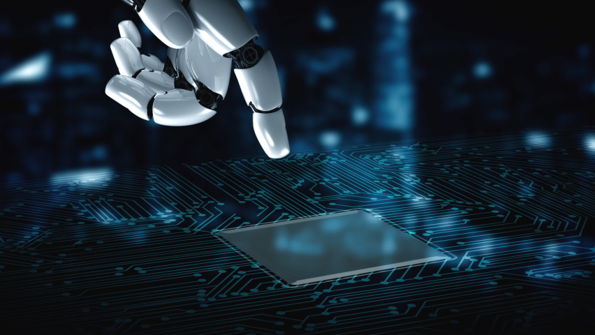 Futuristic robot artificial intelligence enlightening AI technology development and machine learning concept. Global robotic bionic science research for future of human life. 3D rendering graphic. - Powered by Shutterstock - Get 15% off with code: PIKWIZARD15