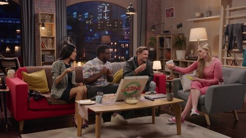 Television Sitcom: Pizza Diet 2. Four Diverse Friends have Fun in Living Room. Funny Sketch about Couples Eating Pizza vs Dieting. TV Comedy Series Broadcasting on Network Channel, Streaming Service