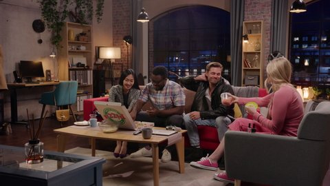 Television Sitcom: Pizza Diet 1. Four Diverse Friends have Fun in Living Room. Funny Sketch about Couples Eating Pizza vs Dieting. TV Comedy Series Broadcasting on Network Channel, Streaming Service