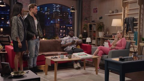 Television Sitcom about Two Couples, Montage with Opening Theme Establishing Shot of Building. Two Diverse Couples Talking in Living Room. TV Series Broadcast on Network Channel, Streaming Service