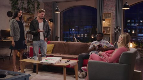 Television Sitcom about Two Couples. Four Diverse Friends Talking in Living Room, Deciding to Go Out. Clever Dialogue Sketch Comedy Series Broadcasting on Network Channel, On Demand Streaming Service