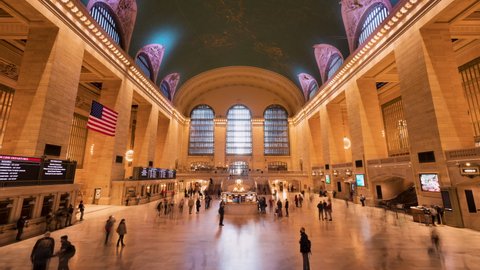 New York City, NY, USA - May 9, 2022: Grand Central Station (National Historic Landmark) located in Midtown Manhattan on 42nd Street. Timelapse of the interior of the famous train station