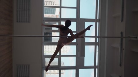 Athletic Woman Pole Dancer Performs Spectacular Tricks on Pole. Graceful girl with Cool Stretching Does Acrobatic Elements on Pylon. Modern Sport and Healthy Lifestyle. Vertical video for social media