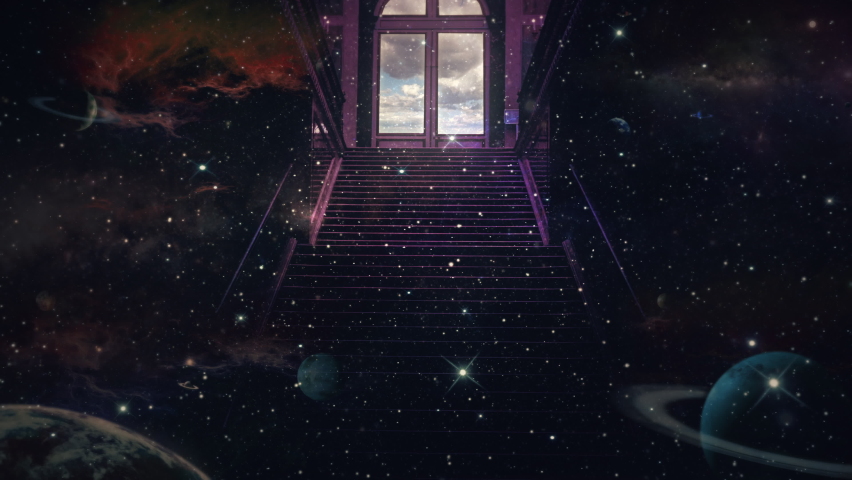 Space Stairway Clouds Door Planets Another Dimension. Stairway in deep space leading to heavens gate. Cloudy sky portal | Shutterstock HD Video #1090330945