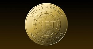 Animation of golden nft coin spinning on brown background. finance, business, money and cryptocurrency concept digitally generated video.