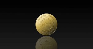 Animation of golden nft coin spinning on black background. finance, business, money and cryptocurrency concept digitally generated video.