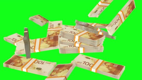 Many wads of money falling on chromakey background. 100 Israeli Shekel banknotes. Stacks of money. Financial and business concept. Green screen.