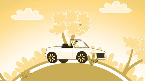 Yellow Style Woman Flat Character Outdoor Driving White Convertible Car Loop Animation