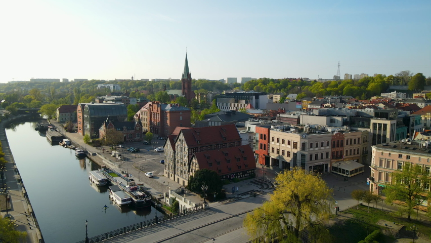 Aerial View Of Old Half-Timbered Buildings On The Brda Riverbank In Bydgoszcz, Poland.