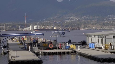 Vancouver , Canada - 03 20 2022: Harbour Air Seaplane Arriving At Terminal Of Vancouver Harbour Flight Centre