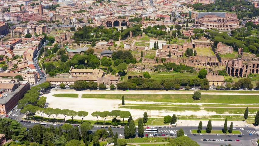 Aerial view of Circus Maximus, Colosseum and Palatine Hill in Rome, Italy. According to the legend, it is from this hill that the history of Rome began. 
