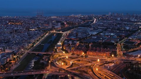 Aerial view of Barcelona city skyline and Nus de la Trinitat. Barcelona, Catalonia, Spain. Ronda de dalt, Ronda Litoral
