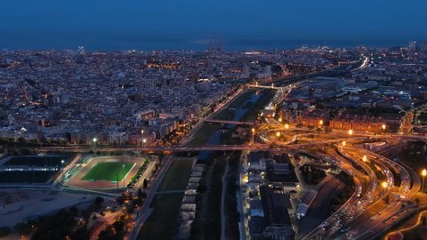 Aerial view of Barcelona city skyline and Nus de la Trinitat. Barcelona, Catalonia, Spain. Ronda de dalt, Ronda Litoral