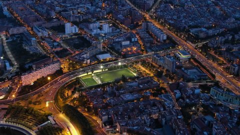 Aerial view of Barcelona City Skyline during blue hour. Catalonia, Spain