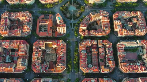 Aerial view of the residential Eixample district of Barcelona at sunrise. Catalonia, Spain. Plaça de Tetuan