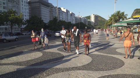 RIO DE JANEIRO, BRAZIL - FEBRUARY 2022: Mosaic promenade at Copacabana beach in Rio de Janeiro
