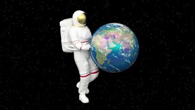 Surreal walking astronaut or cosmonaut or spaceman in space suit, futuristic sci-fi cosmic galactic background, 3d render trendy contemporary creative animation, Earth planet, seamless loop video.