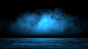 Abstract background with mystic blue smoke moving over old asphalt. Empty dark city street with horror atmosphere. Night scene with fog without people. Seamless background, loop stock video.