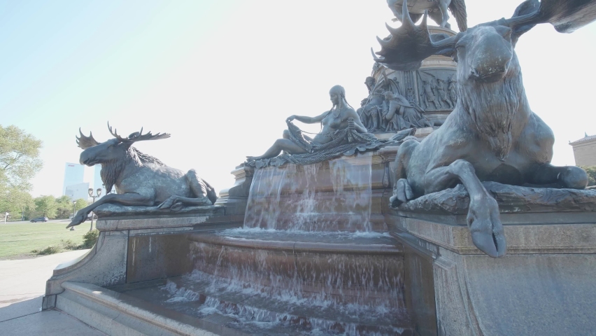 Washington Monument sculpture at Eakins Oval, Philadelphia, Moose, waterfall