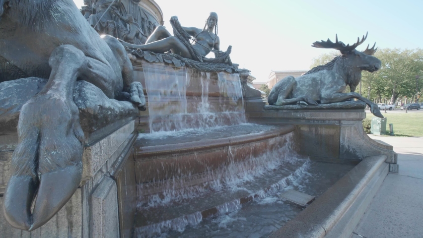 Washington Monument sculpture at Eakins Oval, Philadelphia, Moose, waterfall