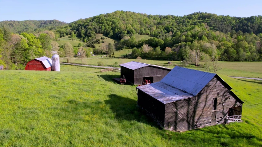 old barn in spring near bethel nc, north carolina in appalachian and blue ridge mountains