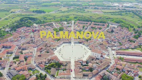 Inscription on video. Palmanova, Udine, Italy. An exemplary fortification project of its time was laid down in 1593. Knitted texture inscription, Aerial View