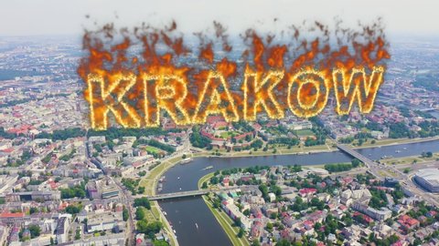 Inscription on video. Krakow, Poland. Wawel Castle. Ships on the Vistula River. View of the historic center. Name is burning, Aerial View