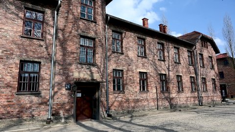 Oświęcim, Poland, March 2022: Auschwitz concentration and extermination camp. Barracks in Nazi death camp.