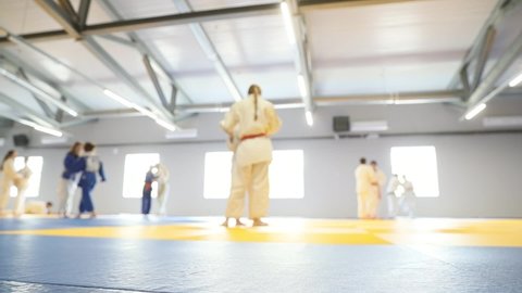 Girls in kimono doing judo throw blurred focus