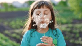 Portrait of a beautiful young girl blowing on the ripened dandelion in the evening against the background of the sunset sun. 4K super slow motion video. - Powered by Shutterstock - Get 15% off with code: PIKWIZARD15