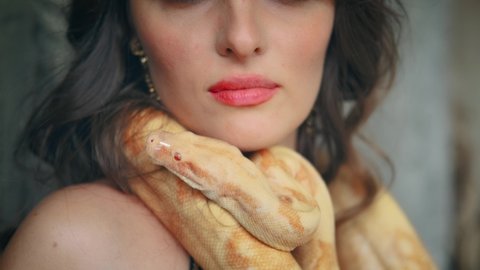 Close-up portrait beautiful woman. Yellow snake wrapped body around neck cute girl. Brunette lady loose long hair. Evening make-up, natural cosmetics, healthy skin, gray eyes. Backdrop stone cave wall