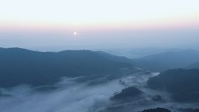 valley and sea of mist in the rainy season from aerial view of drone camera 4k video,