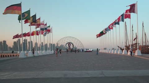 Doha, Qatar-May 16 2022:The FIFA World Cup Qatar 2022 Official Countdown Clock was unveiled on Sunday 21 November at Doha’s picturesque Corniche Fishing Spot with flags of participant countries