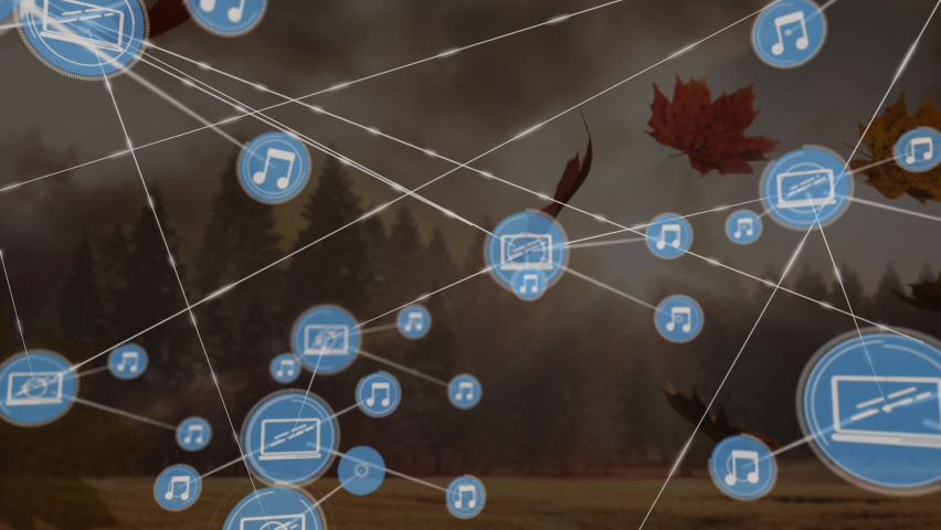 Animation of network of connections with icons over fall landscape. global business, connections and technology concept digitally generated video. | Shutterstock HD Video #1090360695