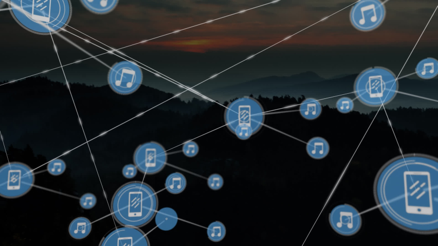 Animation of network of connections with icons over landscape at sunset. global business, connections and technology concept digitally generated video. | Shutterstock HD Video #1090360703