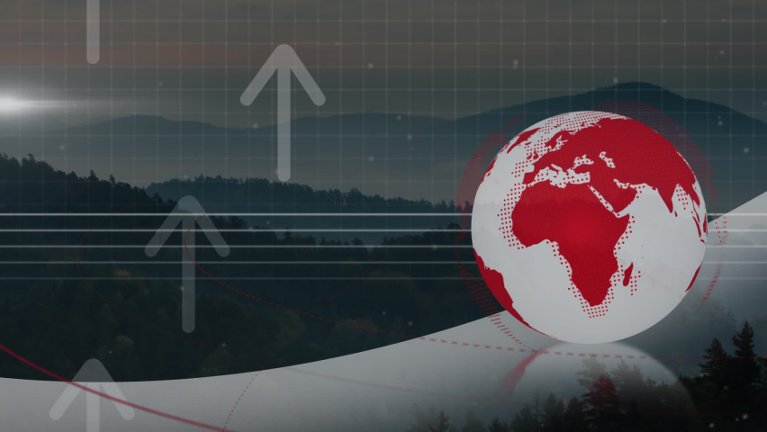 Animation of arrows and globe over landscape at sunset. global business and technology concept digitally generated video. | Shutterstock HD Video #1090360953