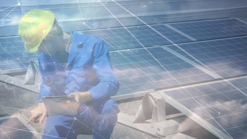 Animation of network of connections over solar panels and caucasian male engineer. environment, sustainability, ecology, renewable energy concept digitally generated video. | Shutterstock HD Video #1090361681