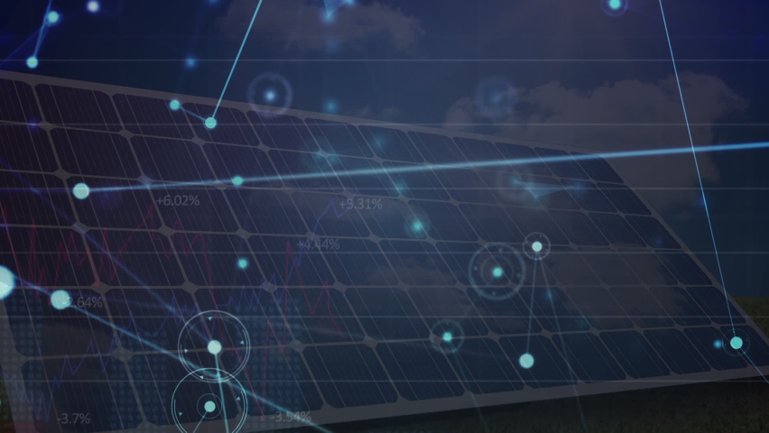 Animation of network of connections over solar panels. environment, sustainability, ecology, renewable energy concept digitally generated video. | Shutterstock HD Video #1090362025