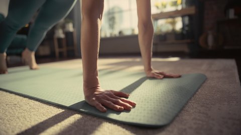 Close Up Portrait of a Happy Fit Young Woman Doing Stretching and Yoga Exercises During Morning Workout at Home in Sunny Apartment. Healthy Lifestyle, Fitness, Wellbeing and Mindfulness.