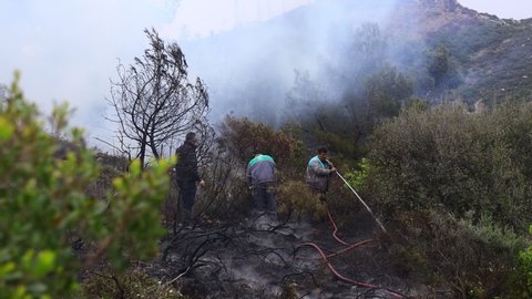 Bodrum, Turkey. 14 April 2022. Fire in forest and scrub areas. Footage of Wildfire with smoke in the forest at at Derekoy village Mugla Bodrum Turkey spring 2022