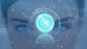 Animation of clock moving over data, connections and globe over face of caucasian woman. global connections, technology and digital interface concept digitally generated video. - Powered by Shutterstock - Get 15% off with code: PIKWIZARD15