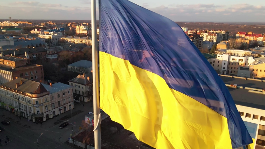 Highly detailed fabric texture flag of Ukraine. Slow motion of Ukraine flag waving background sky blue and yellow national color Ukrainian yellow-blue. Ukraine flag wind waving national symbol country Royalty-Free Stock Footage #1090364869