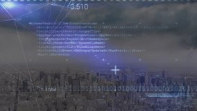 Animation of data processing over cityscape. global connections, computing and digital interface concept digitally generated video.