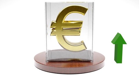 Euro sign with Golden colour spinning in glass showcase on white background with Green Up Arrow. Foreign exchange money wealth finance economy concept. 3D Render Animation