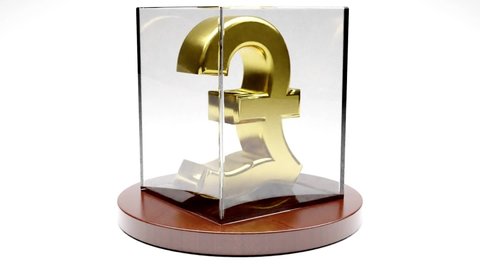 Sterling Pound sign with Golden colour spinning in glass showcase on white background. Foreign exchange money wealth finance economy concept. 3D Render Animation