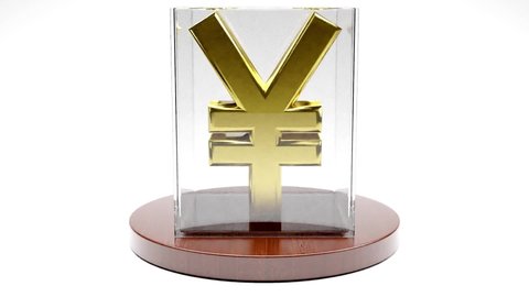 Yen Yuan sign with Golden colour spinning in glass showcase on white background. Foreign exchange money wealth finance economy concept. 3D Render Animation