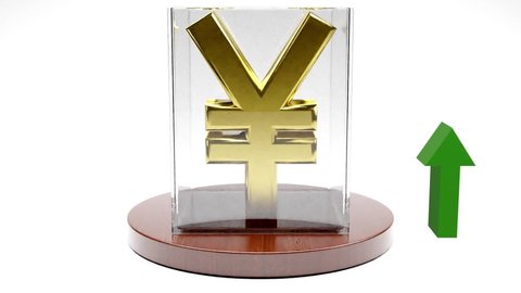 Yen Yuan sign with Golden colour spinning in glass showcase on white background with Green Up Arrow. Foreign exchange money wealth finance economy concept. 3D Render Animation